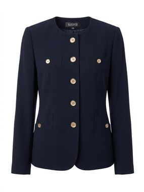 Kasper Navy Collarless Blazer with Gold Buttons